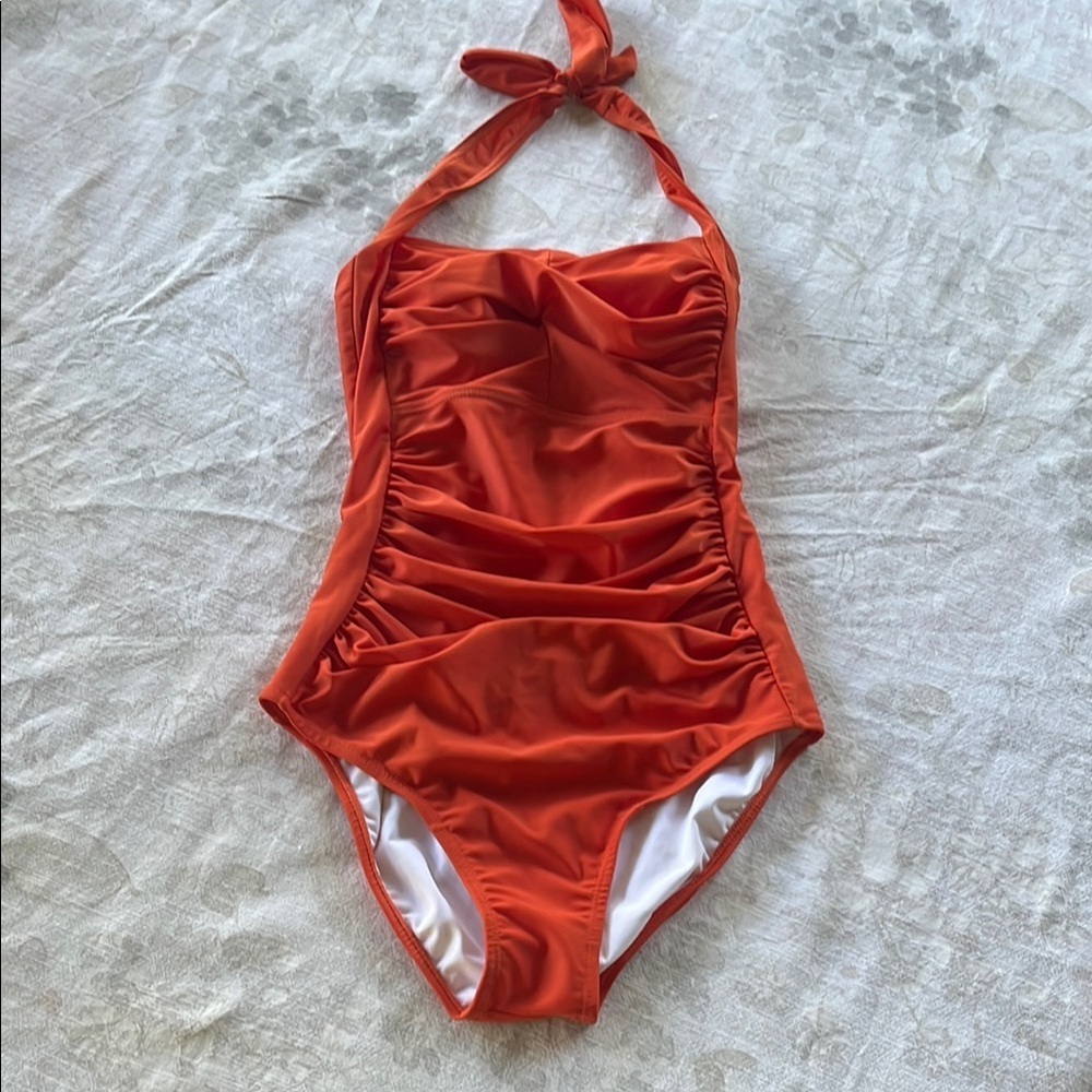 Zara Red Orange Halter One Piece Swimsuit Ruching